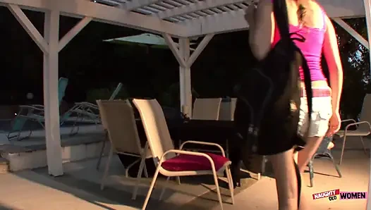 Busty brunette MILF eats her girl out and makes her cum with her fingers