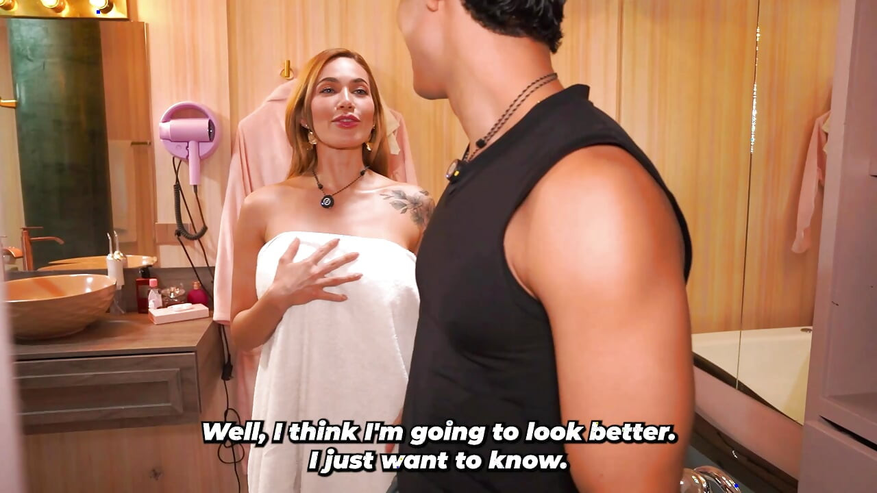 Busty stepmom ends up fucking her muscular stepson after he catches her in the bathroom