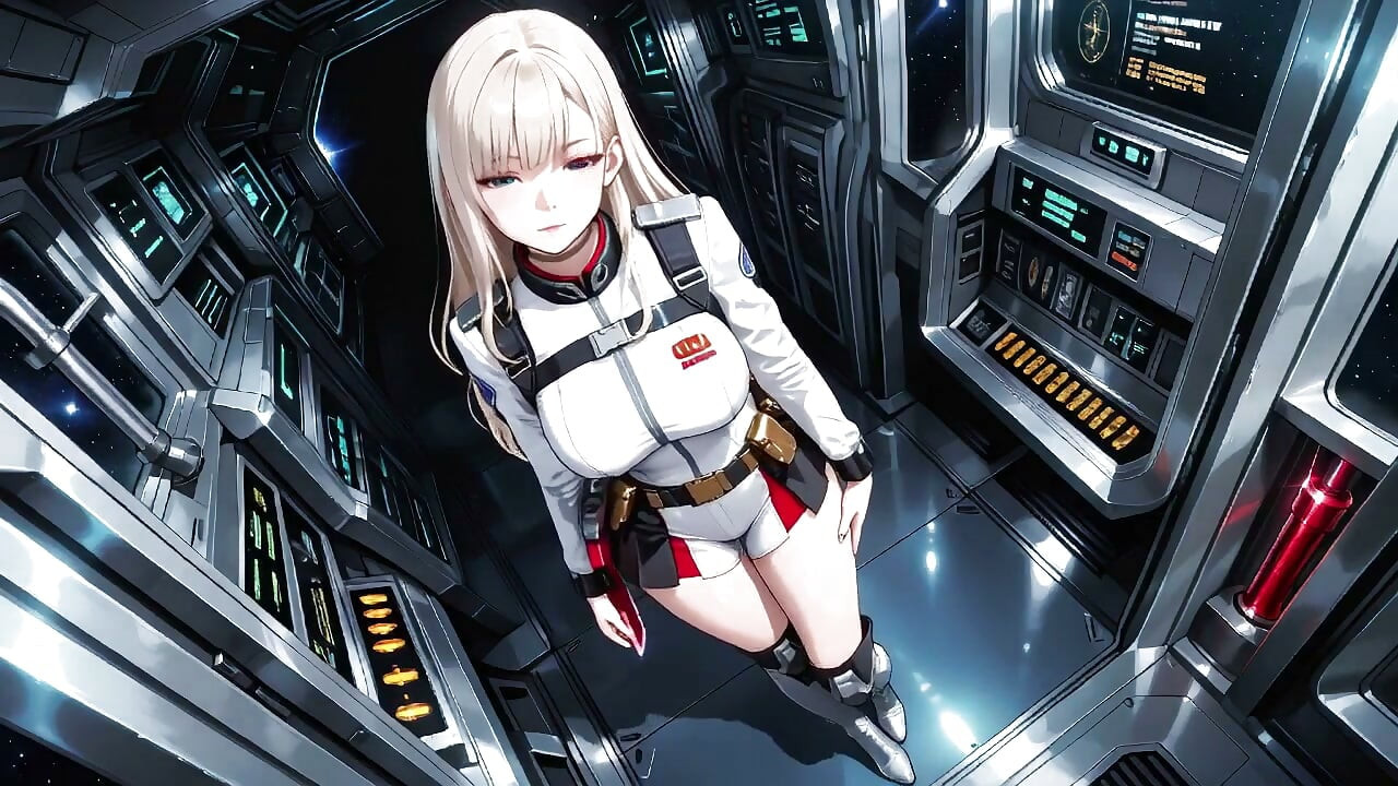Private moments inside the futuristic spaceship where her white uniform is stretched to perfection.
