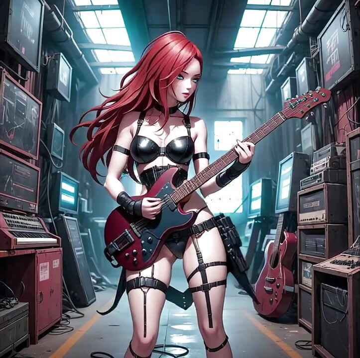 Seksi anime kızıl saçlı metal gitar ai müzik videosu çalıyor