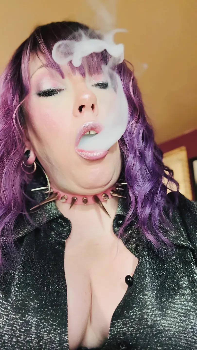 Purple Haired Smoking Goth Tina Snua Smokes Close Up - Coughing Smoke Drifts OMI OME Snap Inhales