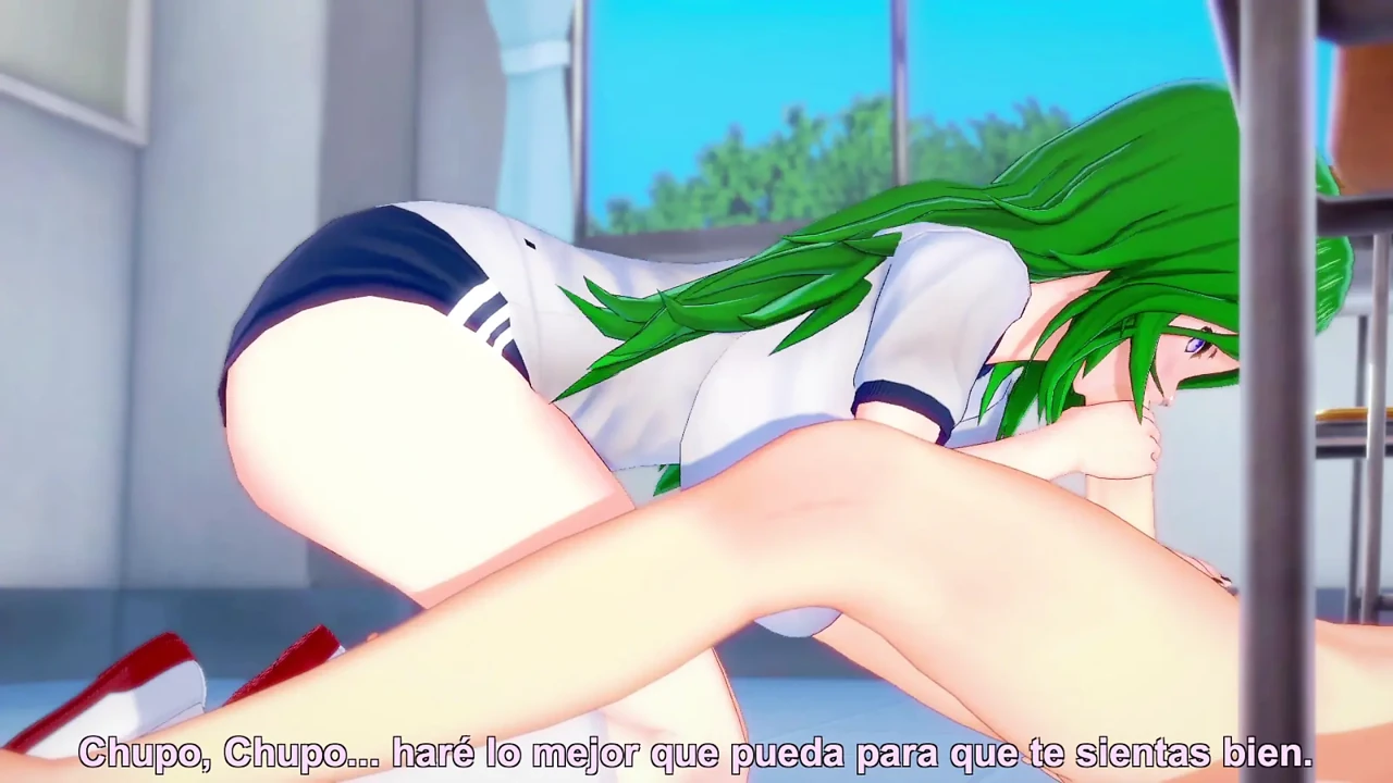 Busty green-haired schoolgirl has sex with her boyfriend after Hentai classes