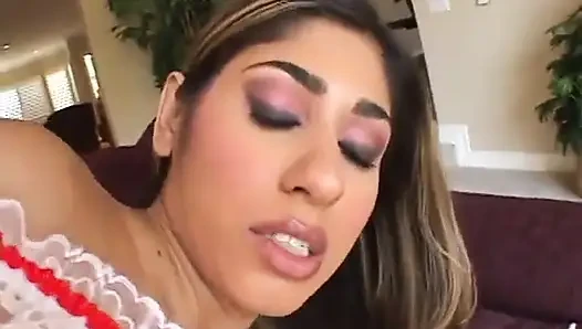 Indian bombshell rides mans fat cock on his couch