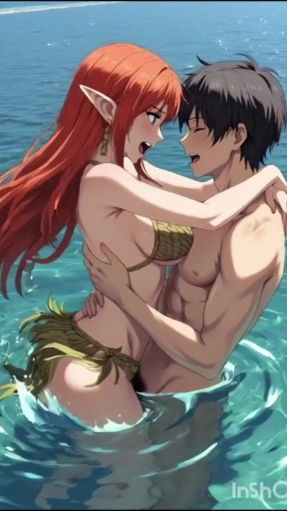 Redhead anime hentai girl fucks in the water | Clip 2