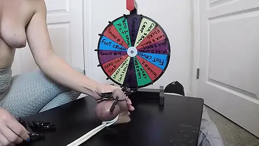She inserts a 30cm probe all the way into his meaty cock. Playing BDSM roulette.