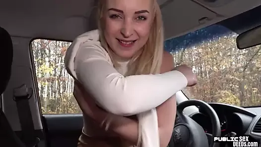 Public euro babe blowing driving instructor