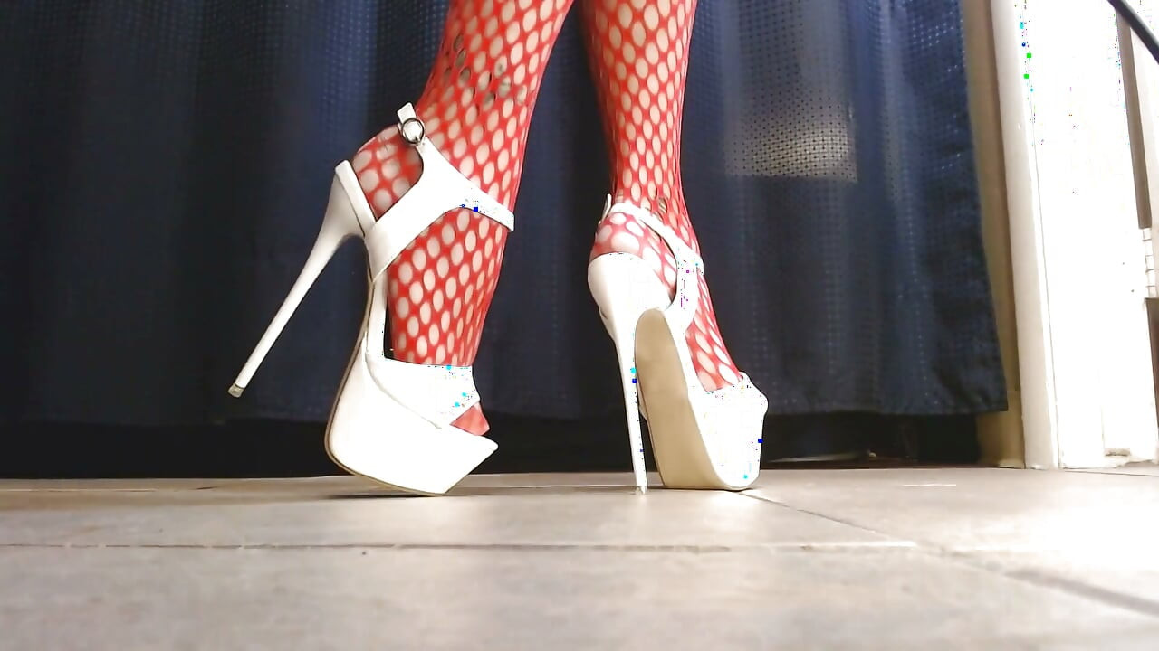 Sexy Spiked White High Heels Red Fishnet Stockings