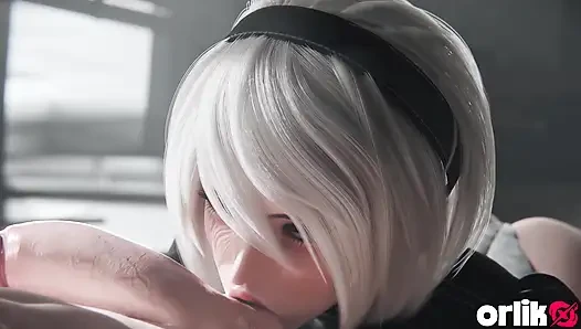 2b Nier Automata, минет и трах в городской позе наездницы - сливочная киска и кримпай в конце, 3D анимация