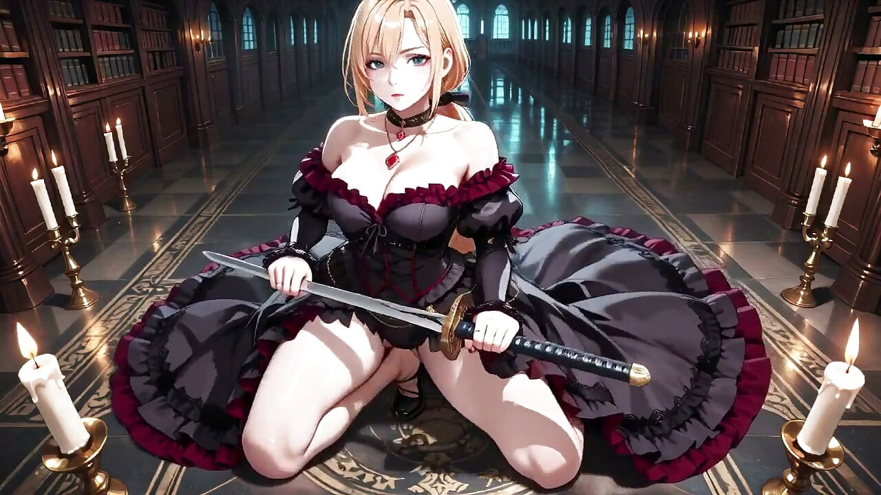 Blonde in a Black Gown Swaying on Red Velvet, Candlelight Gaze and Fan Teasing the Collarbone