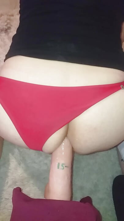 French femboy guy moans and destroys his asshole with a 22 cm dildo in lingerie, dirty talk, insults, huge dildo,