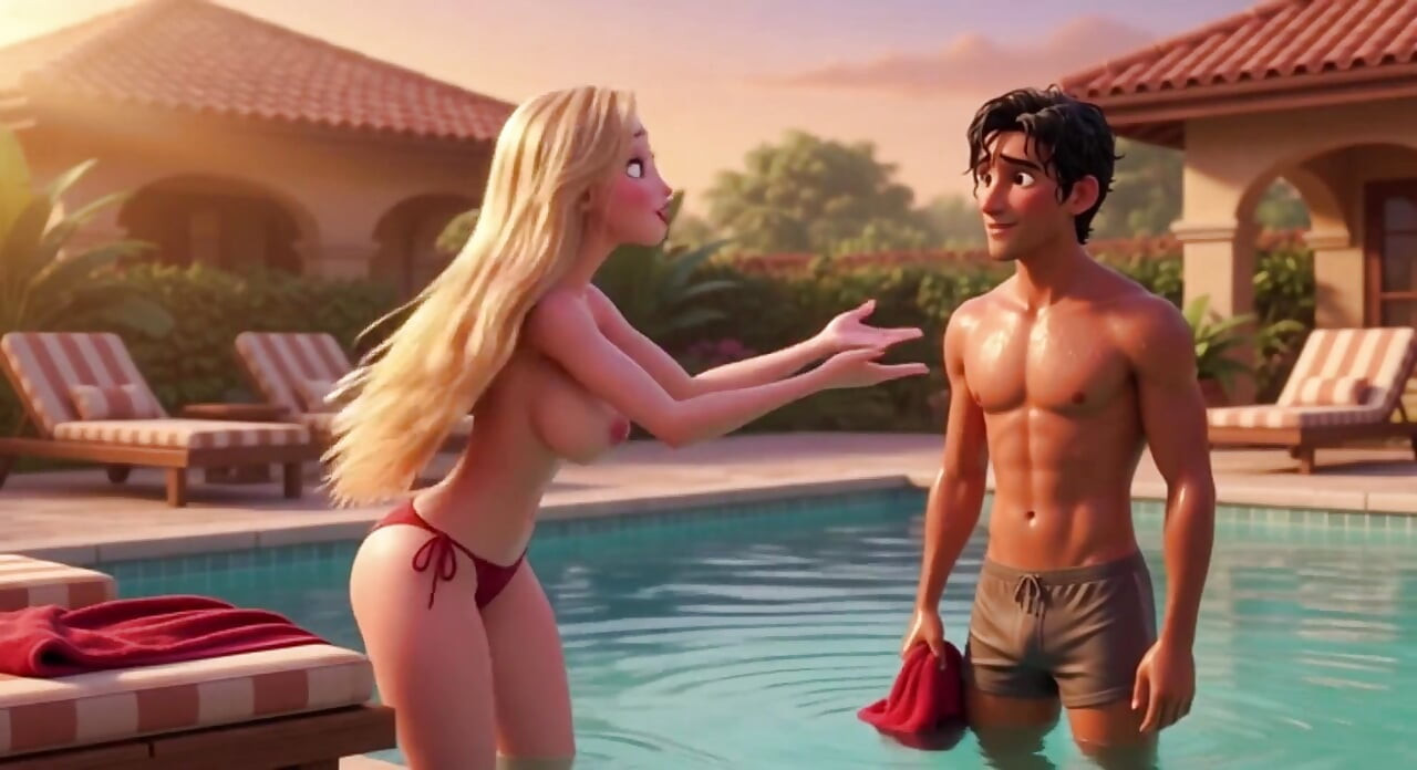 Elegant Blonde Boss Enjoys Pool with Young Gardener While Husband Away (ai Generated)