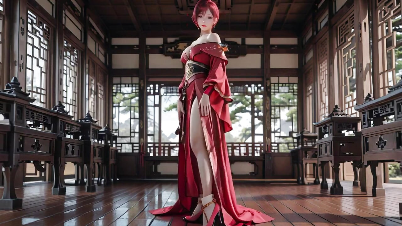 Purple-haired War Maiden in high-slit kimono, kneeling to tease your eyes with a fiery gaze and a wet, forbidden whisper.