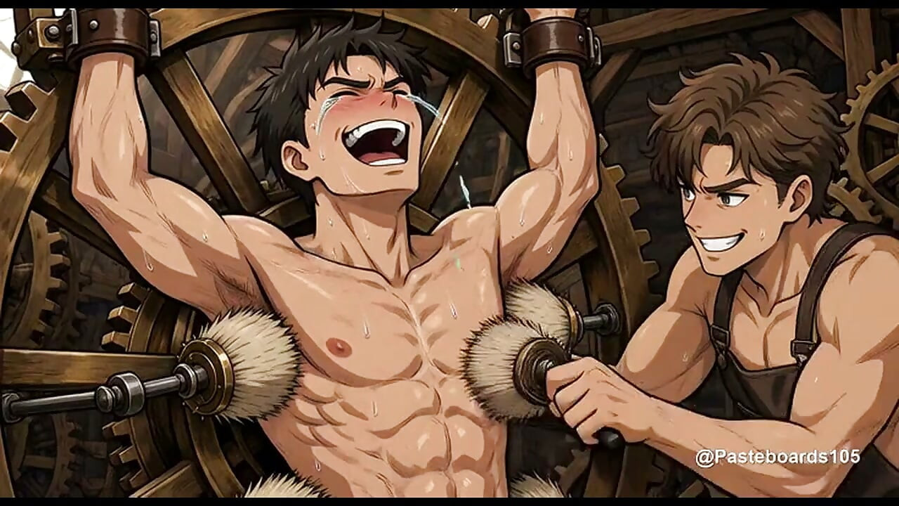 Caught In The Giant Clockwork - Clockmaker Strapped In The Gears, Bristle Pads Sweeping His Sides An