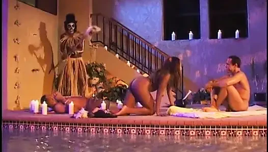 Horny ebony babe has an african fantasy threesome with a white and a black stud