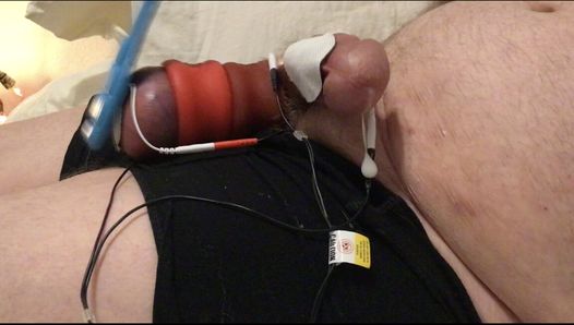 Extreme ballstretching and slapping with hard estim. Hands free orgasm