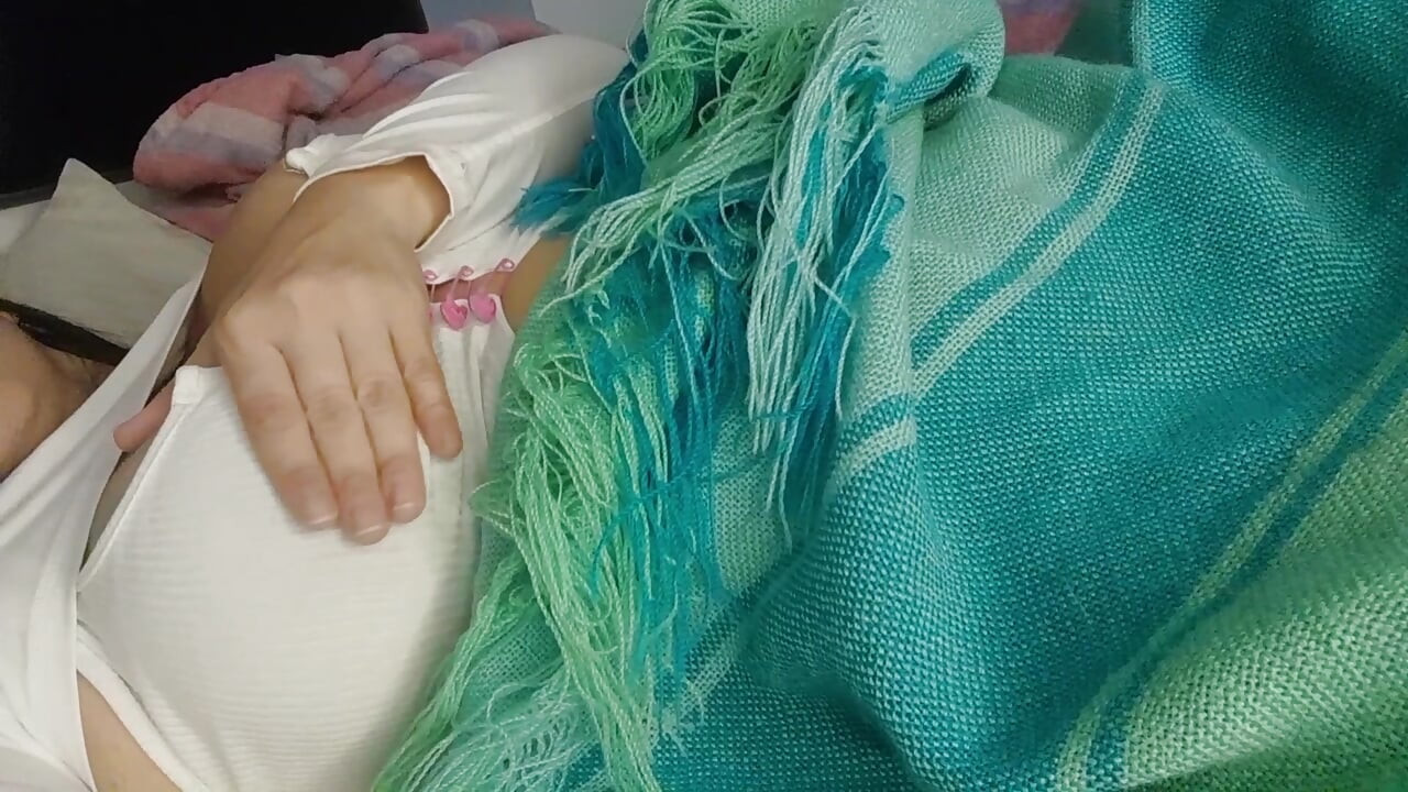 Hot stepsister masturbates her milky pussy while her stepbrother rests in the same bed