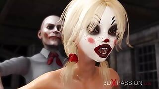 Joker neukt een schattige sexy blondine ruw met een clownmasker in de verlaten kamer