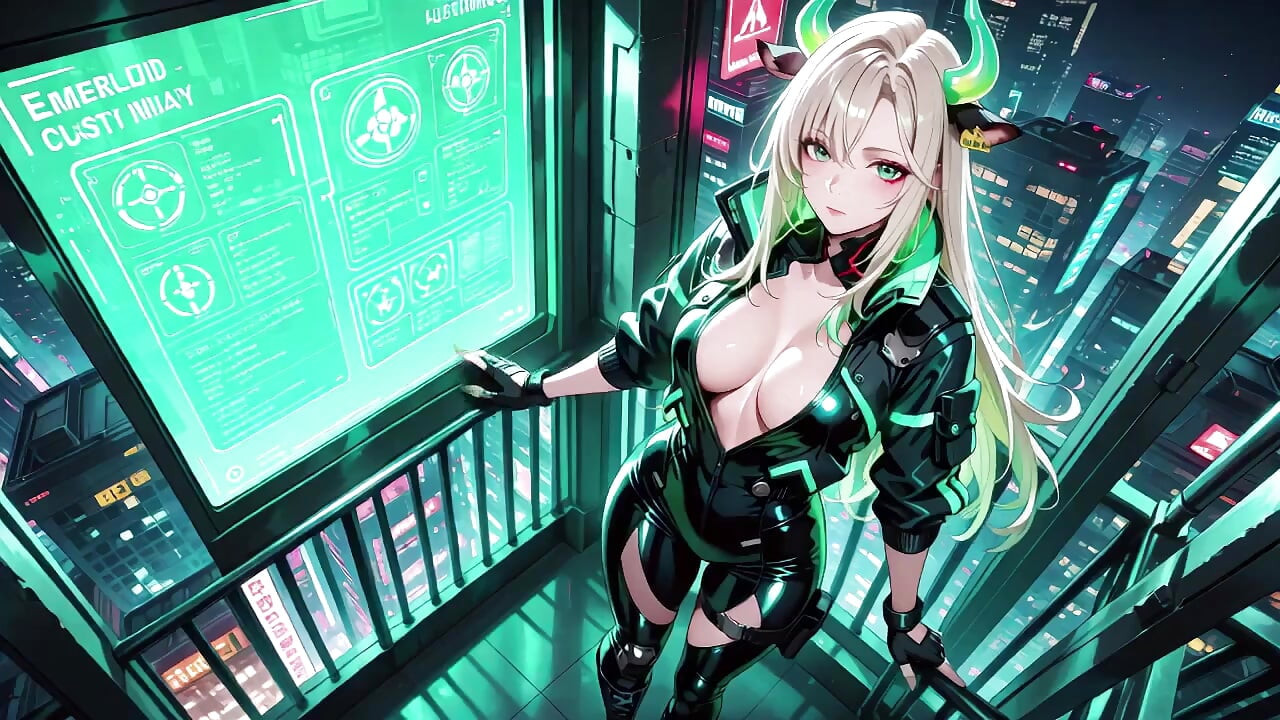 Neon Rain Night! Blonde Agent in Wet Leather Crouching Low, Holographic Glow & Cold Glances.