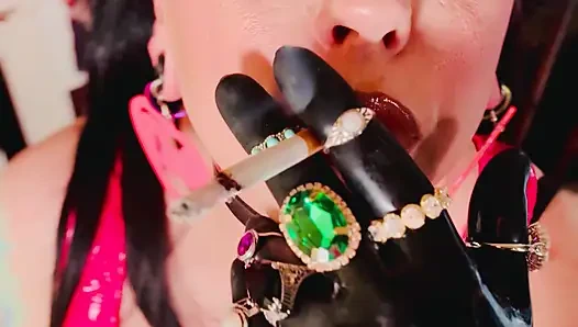 18 Rings & Latex Gloves! Miss Tina Snua Smoking 2 Cork Cigarettes For Her Glove Fan! - Smoker OMI OME Snap Inhales Drifting
