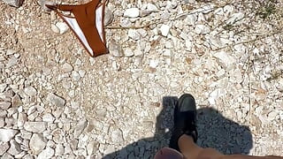 I pee and cum on a woman's swimsuit outside