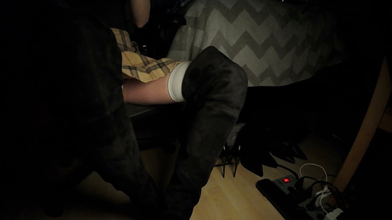 Relaxing in a Plaid Wavy Skirt, Thigh High Stockings + Suede Over Knee Boots