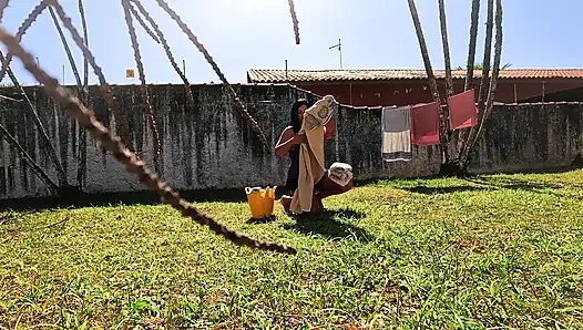 Cuck Fucks His Slut Wife While She Hangs Laundry in See-through Dress