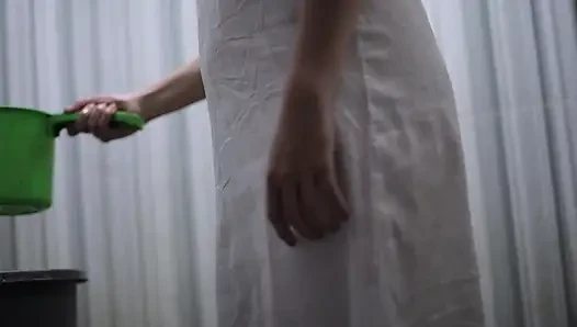 Beautiful Indonesian Girl Plump Ass in the Bathroom While Taking a Shower Again Wearing a Satin Dress
