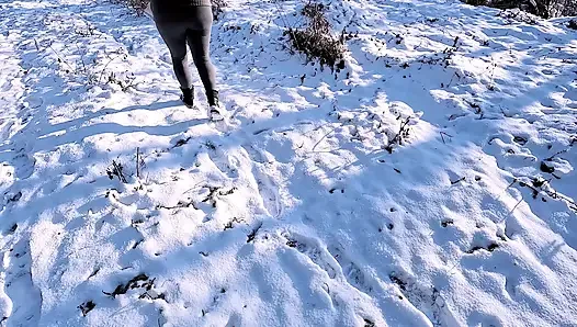 Topless hiking in the snow getting slapped