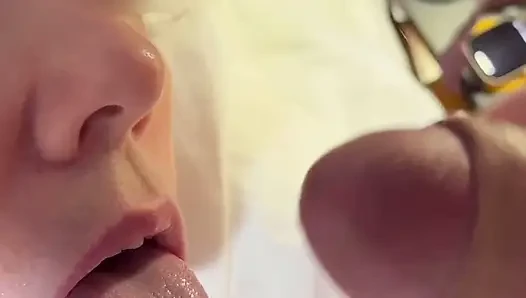 Beautiful mature wife gives head with cum on tongue