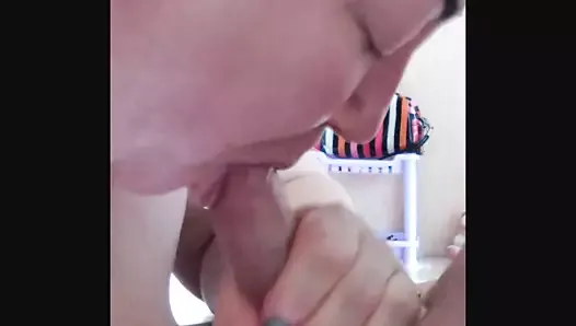 close-up shot of her sucking my cock and getting cum in her mouth