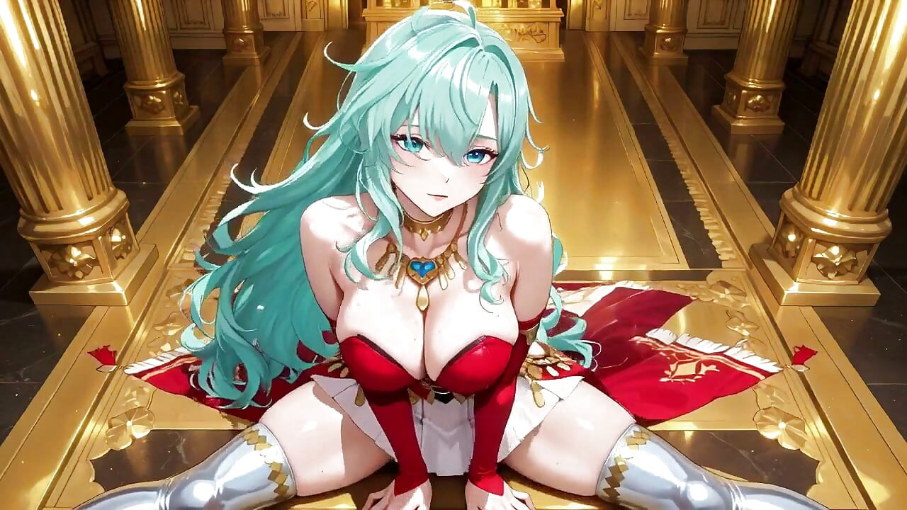 Golden Hall Fantasy! Green-haired Knight in Red-white Armor Kneeling, Teasing with Floating Magic Books - Divine Meets Carnal!