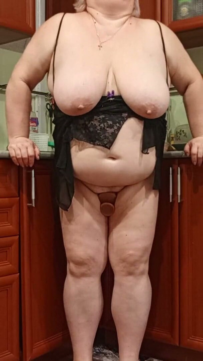Mother-in-law masturbates with sex toys in the kitchen | Clip 2