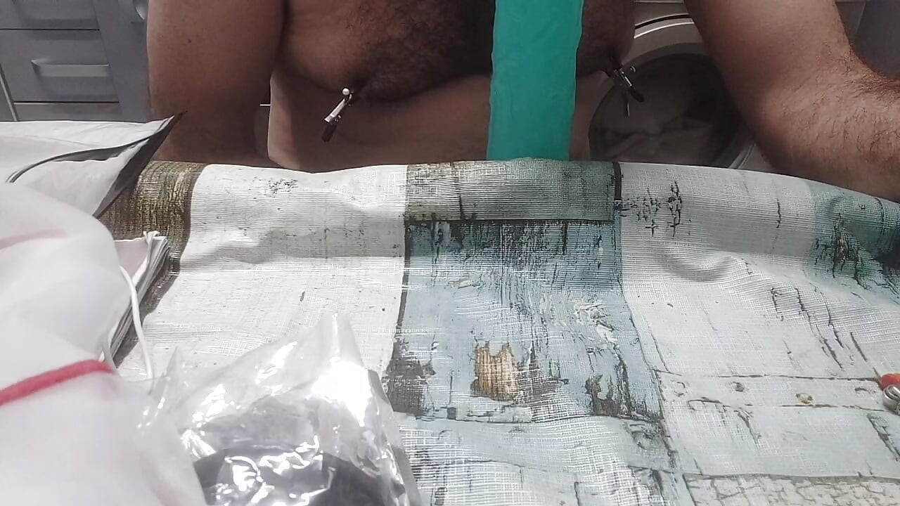 Chubby mature with big fat cock, I fuck my tight ass with huge dildo to the background close-up