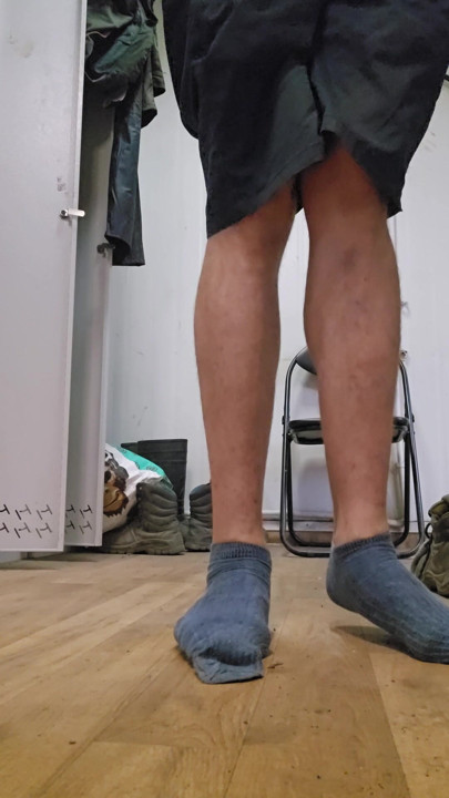 In the cloakroom at work secretly at 5:30 a.m.