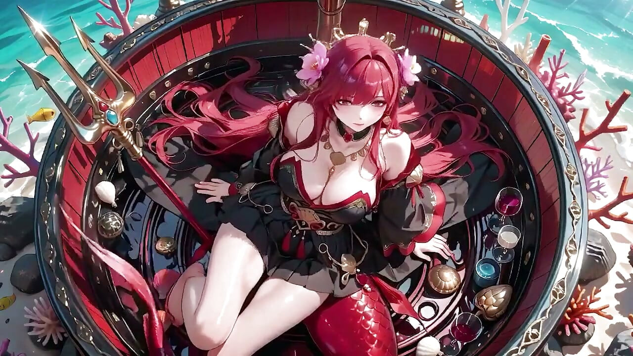 Forbidden Feast in the Underwater Palace, Black and Red Kimono Slightly Wet.