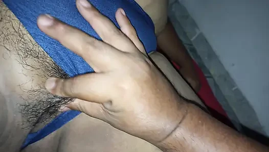 I push my wife's panties aside to see her fat, hairy pussy