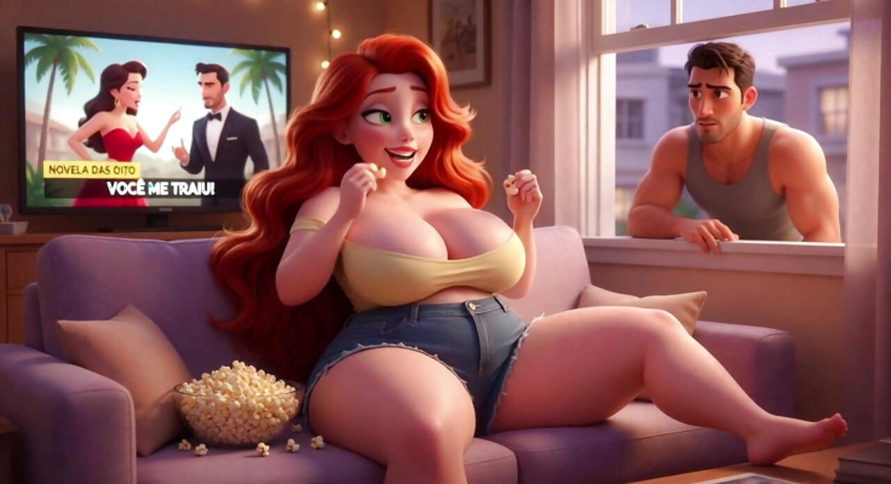 Voluptuous Redhead's Open Window Tease Leads to Passionate Sofa Encounter with Neighbor (AI generated)