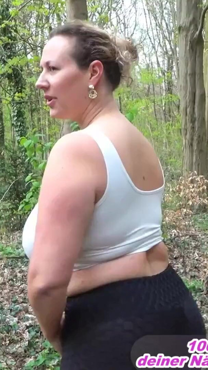 Chubby German milf having an outdoor blowjob in the woods with a stranger man | Clip 1