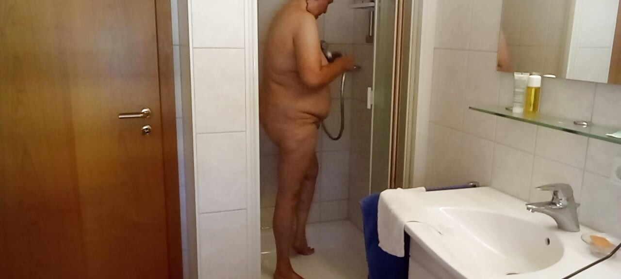 German BBW MILF 53 with natural tits & soft belly takes a shower