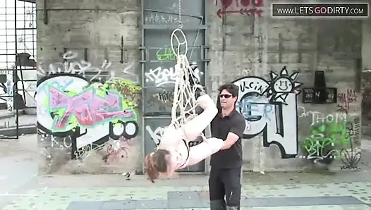 Blonde babe gets bonded and hanged with ropes