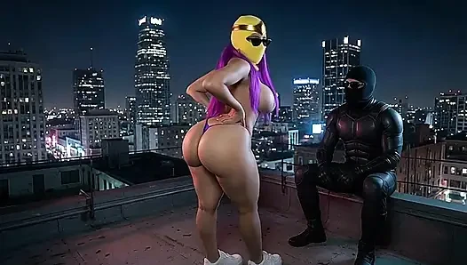 Petite Big Ass Purple Superheroine Twerking on the Rooftop