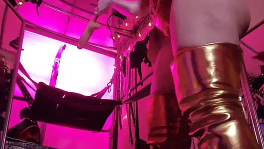 BDSM Mistress Pvc Gold Rote Vinylspielzeuge Dick Fetisch Stiefel Femdom