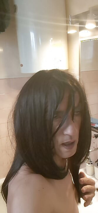 My first makeup and long hair. Sexy lingerie I ride a big dildo. Who likes me in makeup and hair like that?