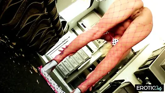 Blonde in Pink Fishnets Takes Two Cocks Hard