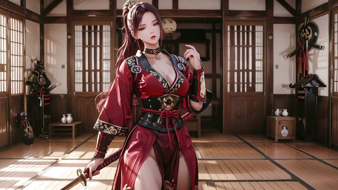 緋紅武士！紅髮女戰士跪在陽光下，從靜默優雅轉為爆發劍擊。