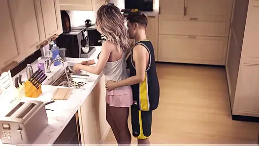 A Wife and Stepmother Real Fucking Boobs Massage in Kitchen