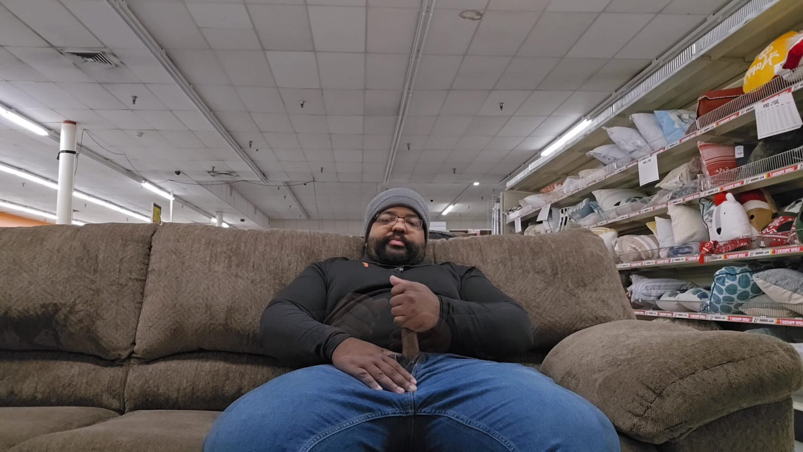 Thick Black Daddy Jerks Off in Store