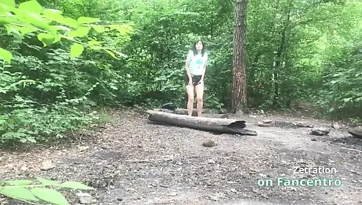 She's pleasuring her pussy  a sweet brunette MILF in the forest, and I'm secretly watching her!