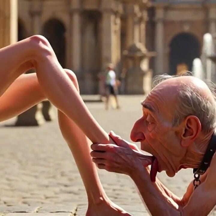 Submissive Man Worshipping Mistress Feet in Plaza