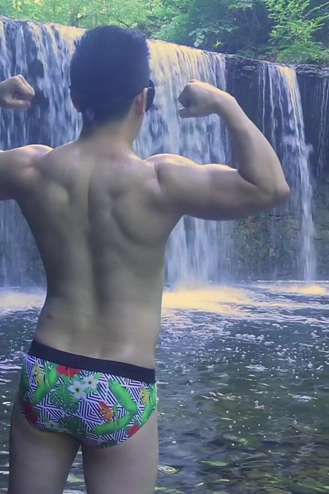 Muscular Asian Hunk Flexes in Speedo by Waterfall - Tight Ass & Hole Tease, Strips Naked & Explodes with Massive Cumshot